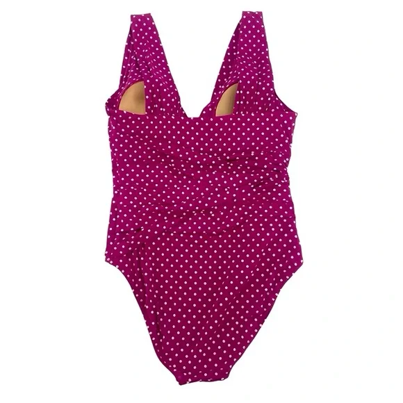 Garnet Hill Signature Surplice Ruched V-Neck Polka Dot Swimsuit Size 14 - Picture 2 of 5